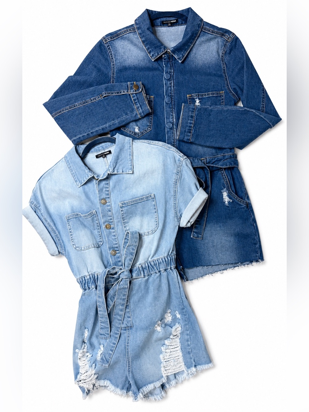 Fashion Nova Denim Romper Bundle: Light Wash & Dark Wash Set XS